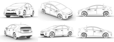 Melez aile arabasının üç boyutlu modelini beyaz arka plana çizilmiş kalem şeklinde ayarla. 3d oluşturma