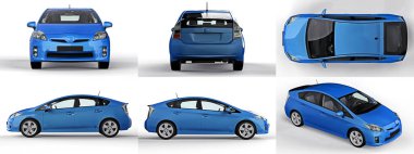 Modern aile hibrit mavi arabasını beyaz arka planda, yerde gölgesi olan bir arkaplanda ayarla. 3d oluşturma