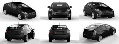 Modern aile melezi siyah arabayı beyaz arka planda, yerde gölgesi olan bir araca yerleştir. 3d oluşturma