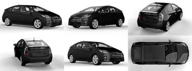 Modern aile melezi siyah arabayı beyaz arka planda, yerde gölgesi olan bir araca yerleştir. 3d oluşturma