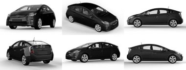 Modern aile melezi siyah arabayı beyaz arka planda, yerde gölgesi olan bir araca yerleştir. 3d oluşturma