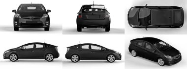 Modern aile melezi siyah arabayı beyaz arka planda, yerde gölgesi olan bir araca yerleştir. 3d oluşturma