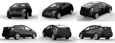 Modern aile melezi siyah arabayı beyaz arka planda, yerde gölgesi olan bir araca yerleştir. 3d oluşturma