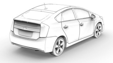 Melez aile arabasının üç boyutlu modeli beyaz arka planda kalem çizimi. 3d oluşturma