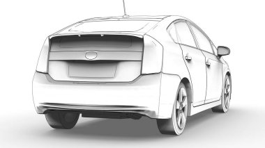 Melez aile arabasının üç boyutlu modeli beyaz arka planda kalem çizimi. 3d oluşturma