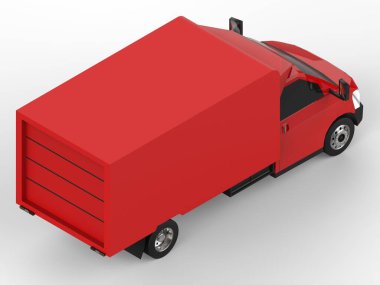 Küçük kırmızı kamyon. Araba teslimat servisi. Perakende satış mağazalarına mal ve ürün teslimatı. 3d oluşturma