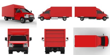 Küçük kırmızı bir kamyon ayarla. Araba teslimat servisi. Perakende satış mağazalarına mal ve ürün teslimatı. 3d oluşturma