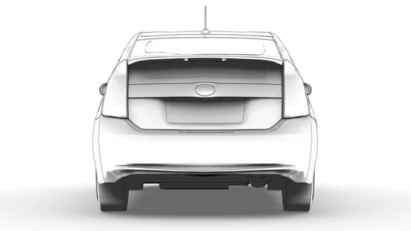 混合家用轿车的三维模型 风格笔画在白色背景上 3D渲染 — 图库照片