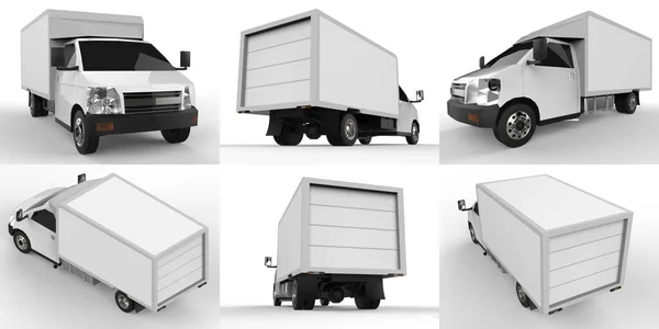 Definir Pequeno Caminhão Branco Serviço Entrega Carro Entrega Bens Produtos — Fotografia de Stock