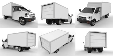 Küçük beyaz bir kamyon ayarla. Araba teslimat servisi. Perakende satış mağazalarına mal ve ürün teslimatı. 3d oluşturma