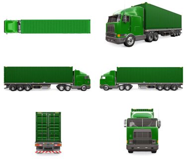 Uyuyan bir parçası olan büyük yeşil bir kamyonet ayarlayın ve aerodinamik bir uzantı içinde deniz kabı olan bir römork taşısın. 3d oluşturma