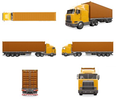 Uyku parçası olan büyük bir turuncu kamyon ayarla ve aerodinamik bir uzantı içinde deniz kabı olan bir römork taşı. 3d oluşturma.