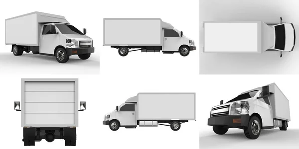设置白色小卡车 汽车递送服务 向零售店交付货物和产品 3D渲染 — 图库照片