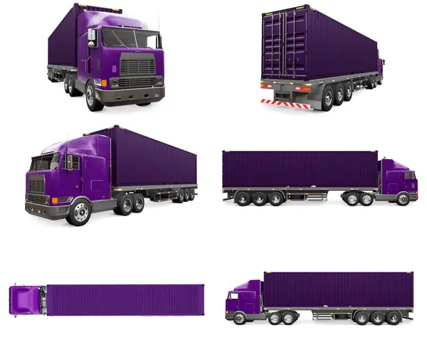 Conjunto de gran camión retro púrpura con una parte dormida y una extensión aerodinámica lleva un remolque con un contenedor de mar. renderizado 3d. — Foto de Stock