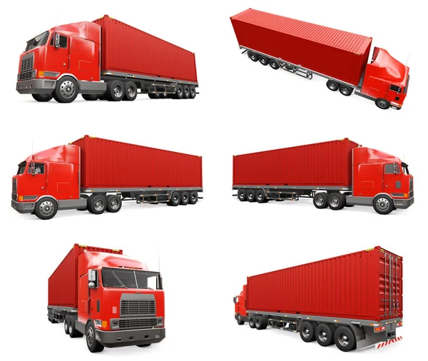 Ställ in stor retro röd lastbil med en sovdel och en aerodynamisk förlängning bär en släpvagn med en havsbehållare. 3d-konvertering. — Stockfoto