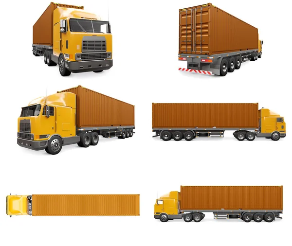Set a large retro orange truck with a sleeping part and an aerodynamic extension carries a trailer with a sea container. 3d rendering. — Stock Photo, Image