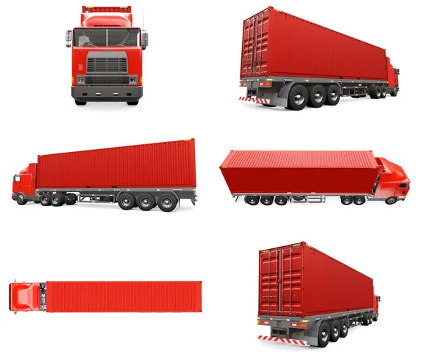 Set large retro red truck with a sleeping part and an aerodynamic extension carries a trailer with a sea container. 3d rendering. — Stock Photo, Image