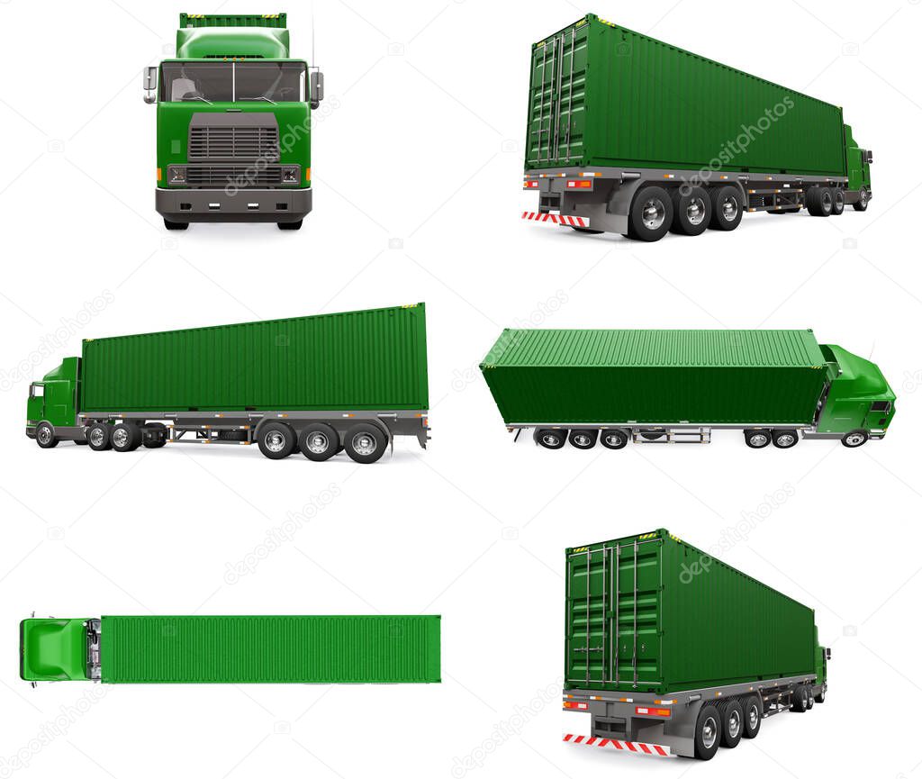 Set large retro green truck with a sleeping part and an aerodynamic extension carries a trailer with a sea container. 3d rendering