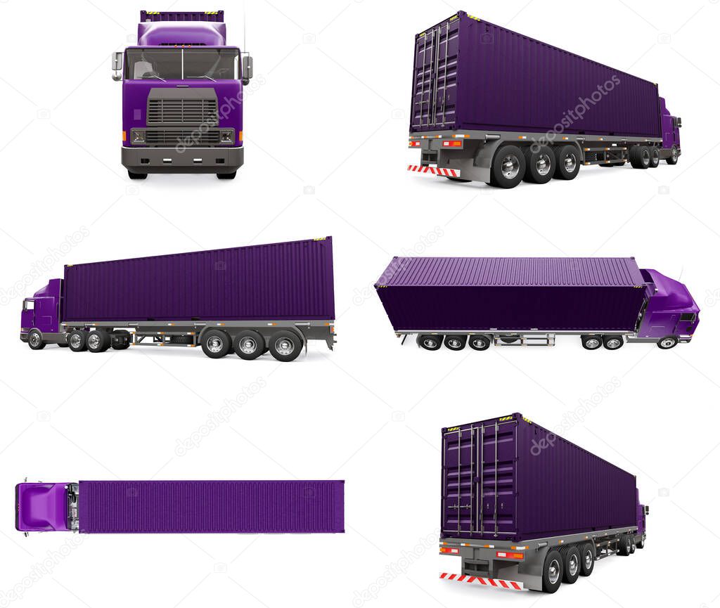 Set large retro purple truck with a sleeping part and an aerodynamic extension carries a trailer with a sea container. 3d rendering.