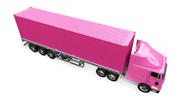 Velký retro růžový náklaďák se spací částí a aerodynamickým prodloužením nese přívěs s námořním kontejnerem. 3D vykreslování. — Stock fotografie