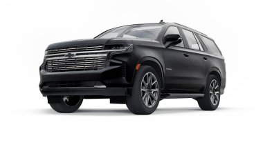 Tula, Rusya. 4 Kasım 2021, Chevrolet Tahoe siyah lüks araba beyaz arka planda izole edildi. 3d illüstrasyon