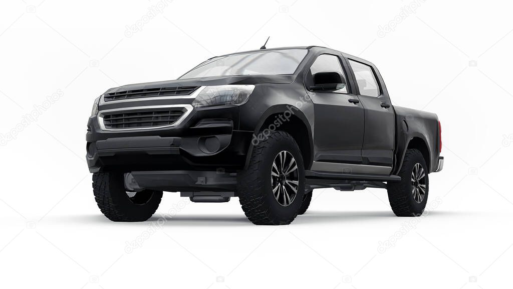 Black pickup car on a white background. 3d rendering