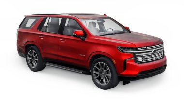 Tula, Rusya. 4 Kasım 2021, Chevrolet Tahoe kırmızı lüks araba beyaz arka planda izole edildi. 3d illüstrasyon