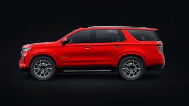 Tula, Rusya. 4 Kasım 2021, Chevrolet Tahoe kırmızı lüks araba siyah arka planda izole edildi. 3d illüstrasyon