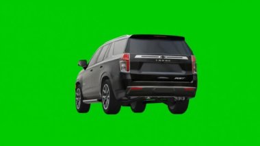 Tula, Rusya. 5 Kasım 2021, Chevrolet Tahoe siyah lüks SUV arabası yeşil arka planda izole edildi. 3d görüntü oluşturma.