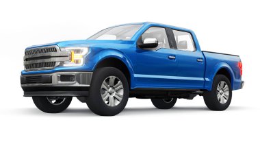 İkili taksisi olan, beyaz üniformalı, parlak farları olan büyük, mavi, modern bir kamyonet. 3d oluşturma