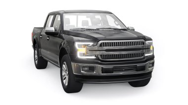 İkili taksisi olan, beyaz üniformalı, parlak farları olan büyük, mavi, modern bir kamyonet. 3d oluşturma