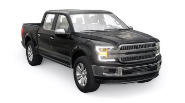 İkili taksisi olan, beyaz üniformalı, parlak farları olan büyük, mavi, modern bir kamyonet. 3d oluşturma