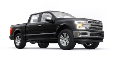 İkili taksisi olan, beyaz üniformalı, parlak farları olan büyük, mavi, modern bir kamyonet. 3d oluşturma