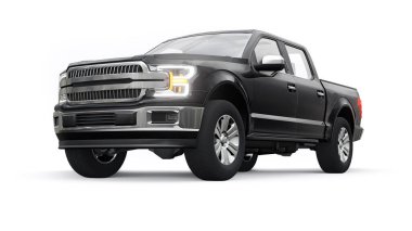 İkili taksisi olan, beyaz üniformalı, parlak farları olan büyük, mavi, modern bir kamyonet. 3d oluşturma