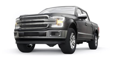 İkili taksisi olan, beyaz üniformalı, parlak farları olan büyük, mavi, modern bir kamyonet. 3d oluşturma