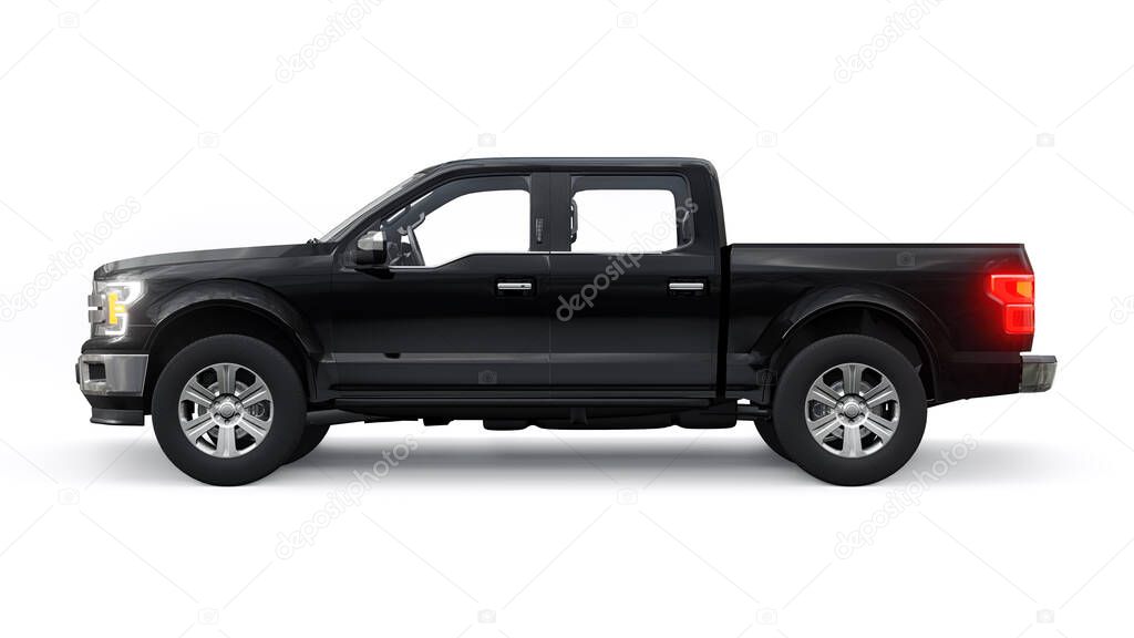 A large blue modern pickup truck with a double cab, glowing headlights on a white uniform background. 3d rendering