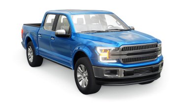 İkili taksisi olan, beyaz üniformalı, parlak farları olan büyük, mavi, modern bir kamyonet. 3d oluşturma