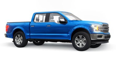 İkili taksisi olan, beyaz üniformalı, parlak farları olan büyük, mavi, modern bir kamyonet. 3d oluşturma