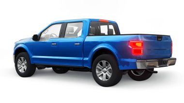 İkili taksisi olan, beyaz üniformalı, parlak farları olan büyük, mavi, modern bir kamyonet. 3d oluşturma