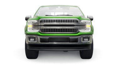 İkili taksisi olan, beyaz üniformalı, parlak farları olan büyük, mavi, modern bir kamyonet. 3d oluşturma