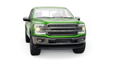 İkili taksisi olan, beyaz üniformalı, parlak farları olan büyük, mavi, modern bir kamyonet. 3d oluşturma