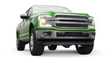 İkili taksisi olan, beyaz üniformalı, parlak farları olan büyük, mavi, modern bir kamyonet. 3d oluşturma