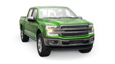 İkili taksisi olan, beyaz üniformalı, parlak farları olan büyük, mavi, modern bir kamyonet. 3d oluşturma