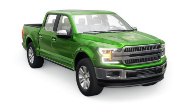 İkili taksisi olan, beyaz üniformalı, parlak farları olan büyük, mavi, modern bir kamyonet. 3d oluşturma