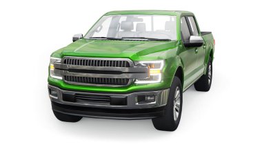 İkili taksisi olan büyük, modern bir kamyonet, beyaz üniforma arka planında parlayan farlar. 3d oluşturma