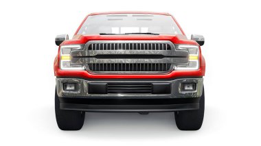 İkili taksisi olan, beyaz üniformalı, parlak farları olan büyük, mavi, modern bir kamyonet. 3d oluşturma