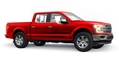 İkili taksisi olan büyük, modern bir kamyonet, beyaz üniforma arka planında parlayan farlar. 3d oluşturma