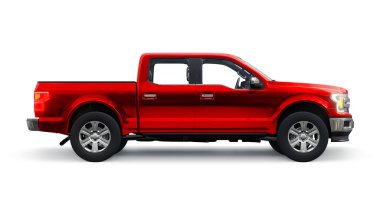 İkili taksisi olan büyük, modern bir kamyonet, beyaz üniforma arka planında parlayan farlar. 3d oluşturma