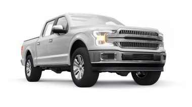 İkili taksisi olan büyük, modern bir kamyonet, beyaz üniforma arka planında parlayan farlar. 3d oluşturma