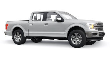 İkili taksisi olan büyük, modern bir kamyonet, beyaz üniforma arka planında parlayan farlar. 3d oluşturma